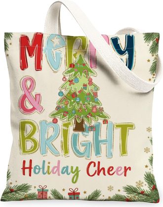 Generic Bright & Joyous Holiday Canvas Tote Bags, Tree Design Reusable Grocery Bags, Winter Lightweight Washable Shoulder Strap for, White, 13x15 Inch