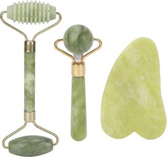 OEM Set De Rodillo Facial De Jade De 3 Piezas, Masaje Antienvejecimiento, Reafirmaci&oacute;n Y Lifting De La Piel, Set Port&aacute;til De Gua Sha