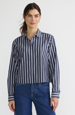 Lands End No Iron Boxy Cropped Shirt in Navy/white Dual Stripe at Nordstrom, Size X-Large