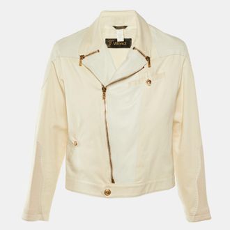 Versace Vintage Cream Leather & Cotton Zip Up Jacket