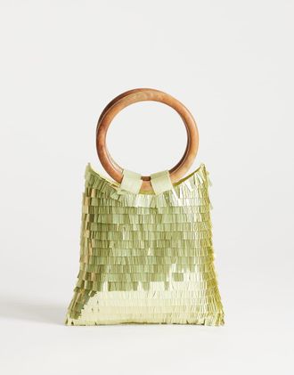 Topshop Holly - Borsa a mano con paillettes e manico in legno color lime-Verde