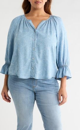 Liverpool L.A. Shirred Chambray Button-up Top in Rose Ice at Nordstrom, Size 3 X