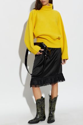 Ganni Satin Skirt With Lace Trim, Womens, Black
