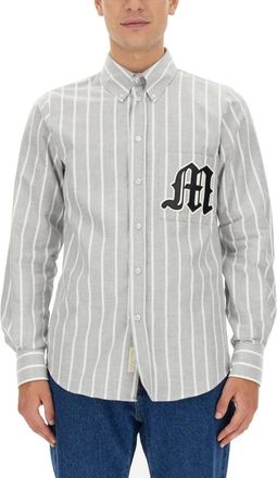 Msgm Vertical Striped Cotton Shirt With Logo Detail