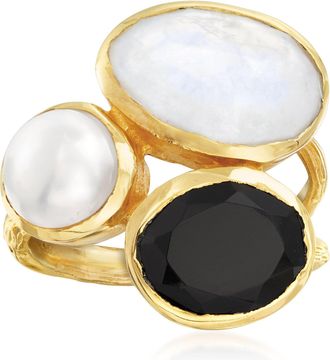 Ross-Simons 8mm Cultured Pearl, Black Onyx and Moonstone Ring in 18kt Gold Over Sterling