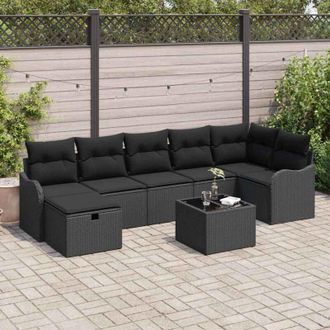 vidaXL Conjunto De Sof&aacute; De Jard&iacute;n Con Coj&iacute;n 8 Pcs Negro Polirat&aacute;n