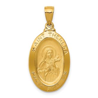 Diamond2Deal 14k Yellow Gold Polished and Satin Solid St Theresa Medal Oval Pendant