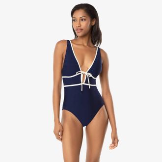 Helen Jon Plunge Front Tie One-Piece In Navy Ivory