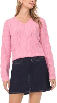 Vince Camuto Cable Stitch V-Neck Sweater in Candy Pink Heather at Nordstrom Rack, Size X-Large P
