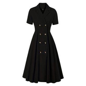 Generic Midi Dress Womens Double Breasted Button Down Wear to Work Vintage Dress Women Dresses (Black, XL)