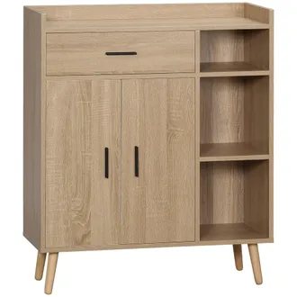 HOMCOM Homcom Aparador De Sal&oacute;n Moderno Con 2 Puertas 1 Caj&oacute;n Y 3 Estantes Abiertos Mueble Auxiliar De Almacenaje Para Cocina Antivuelco 80x30x96,5 Cm
