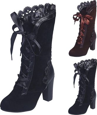 Generic Mid Calf Boots for Women Vintage Goth Lolita Lace Up Booties Ladies Suede Leather Boots Chunky High Block Heels Gothic Boots for Travel, Parties, Cosp
