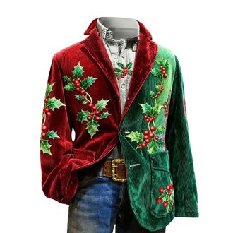 Generic Mens Christmas Blazer Corduroy Jacket Ugly Christmas Blazer Jackets Xmas Festive Costume Slim Fit Single-Breasted Suit Jacket Novelty Xmas Tuxedo Holi