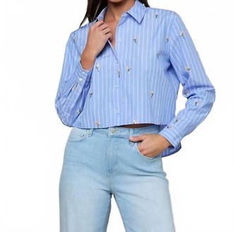 L'agence Cosette Sequined Shirt In Blue Stripe Sequin Flower