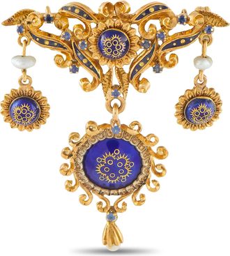 Luxury Bazaar Antique 18K Yellow Gold Pearl and Enamel Brooch MF25-070226