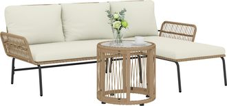 OUTSUNNY Conjunto De Muebles De Jard&iacute;n De Rat&aacute;n Muebles De Terraza Con Sof&aacute; De 2 Plaza Chaise Longue Cojines Y Mesa Auxiliar De Tablero De Vidrio Beige