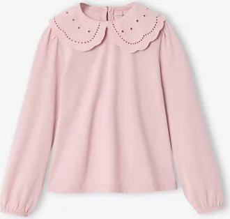 Vertbaudet M&auml;dchen Langarm-Shirt mit besticktem Kragen hellrosa
