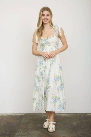 Blu Pepper Tulah Floral Tie Strap Tiered Midi Dress In Blue Yellow Multi