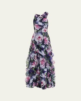 Teri Jon Ruffle-Trim Floral Chiffon Halter Gown