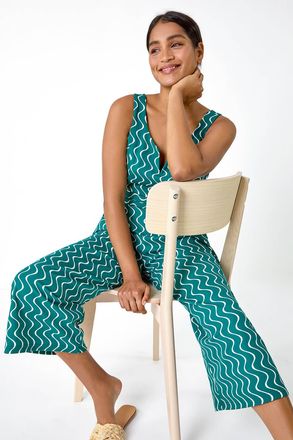 Roman Wave Print Cropped Jumpsuit
