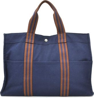 Hermès Brown Navy Canvas Handbag Tote Bag (Pre-Owned)