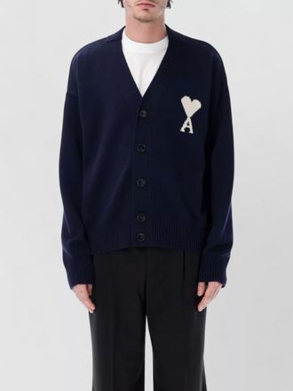 Ami wool cotton v-neck ribbed knit cardigan