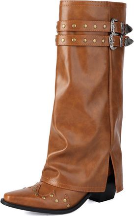 Generic Womens Western Style Slouchy Knee-High Boots PU Leather Studded Decor Double Buckle Straps Side Slit Chunky Block Heels Party Country Casual Shoes,Yel