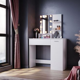 Elegant Lighting Elegant - Dressing Table, Vanity Makeup Desk with Adjustable 3 Color led Lights, Open Shelves, Closed Storage