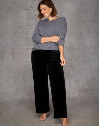 Live Unlimited London Womens Grey Embellished Jumper - Size: 14