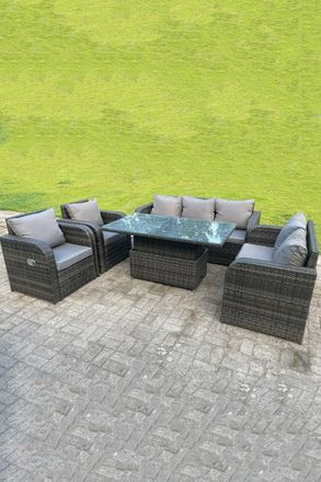 Fimous Rattan Outdoor Lifting Adjustable Dining Coffee Table Sets Love Sofa 3 Seater Sofa Reclining Chairs in Dark Grey