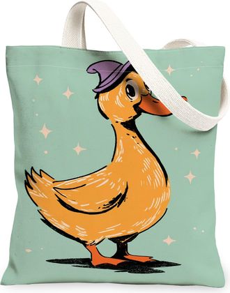 Generic Cute Duck Canvas Tote Bag, Fanciful Animal Design Reusable Grocery Bags, Spring Lightweight Washable Shoulder Strap Canvas, Mint Green, 13x15 Inch