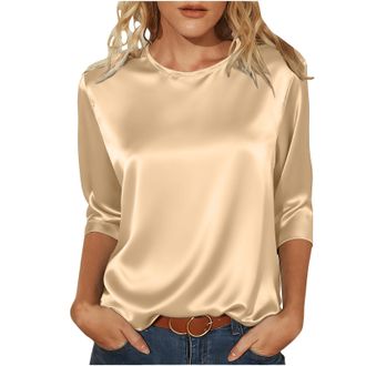 Generic Womens Satin Tops Silk 3/4 Sleeve Crewneck Loose Basic Shirts Casual Fashion Elegant Evening Going Out Work Party Business Womens Short Sleeve Tops Ro