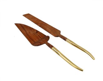 Classic Touch S/2 Wooden Cake Servers With Gold Handle