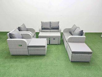 Fimous PE Wicker Rattan Furniture Sofa Sets with Coffee Table Love Sofa in Light Grey
