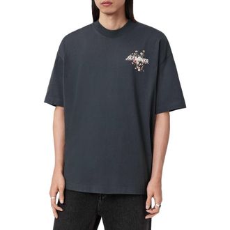 AllSaints Valen Oversize Floral Logo Graphic T-Shirt in Washed Black at Nordstrom, Size X-Small
