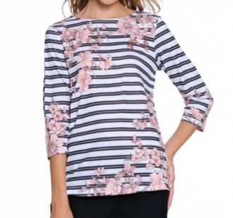 Multiples Striped Floral Blouse With Buttons In Pretty In Pink
