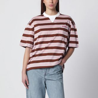 Prada T-shirt in cotone a righe rosa/tabacco