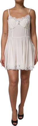 Dolce & Gabbana Womens White Lace Gold Dg Logo Silk Dress Sleepwear Cotton Nylon Elastane
