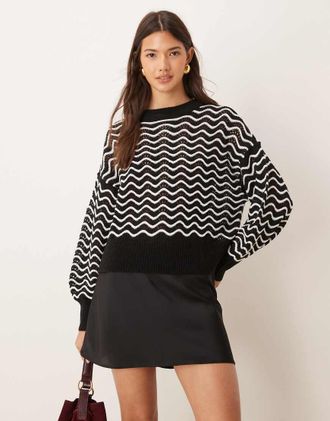 Jacqueline de Yong zig zag stripe detail sweater in black and white