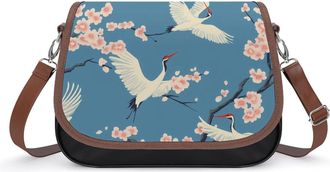 Generic Crane Birds Japanese Cherry1 Flowers Crossbody Bag Womens Handbag PU Message Bags Shoulder Purse with Adjustable Strap
