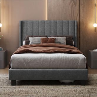 Yaheetech Yaheetech - Cama Tapizada 140 X 200 Cm Cabecero A Rayas Con Alas L&aacute;minas De Madera Y Metal Cama Matrimonial Gris