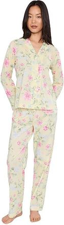 Lauren Ralph Lauren Cotton Lawn Long Sleeve Notch Collar Long Pants Pajama Set Womens Pajama Sets Yellow Ground Floral : LG (US 12-14)