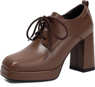 Generic Womens Square Toe Platform Dress Shoes Lace Up Vintage Oxford Shoes Block High Heel Office Shoe,Brown,2.5 UK
