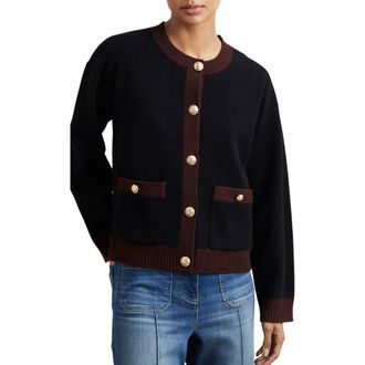 Reiss Olive Crewneck Wool & Cashmere Cardigan in Burgundy/Black at Nordstrom, Size X-Large