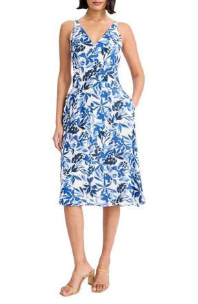 Maggy London Floral Sleeveless Fit & Flare Midi Dress in Cream/Navy at Nordstrom, Size 18