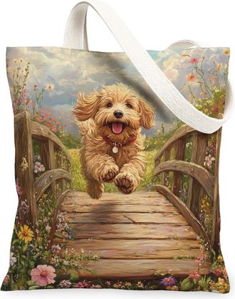 Generic Spring Golden Doodle Dog Canvas Tote Bag for Shopping 13x15, Country Garden Puppy Reusable Grocery Print Pattern Bag for Women, Fun Flower Pet Beach A