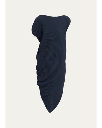 Issey Miyake Short-Sleeve Leaf Pleats Asymmetric Draped Midi Dress