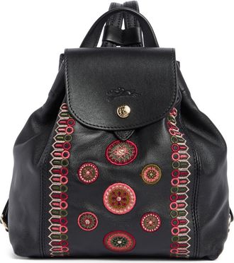 Longchamp Embroidered Leather Backpack in Black/fig/khaki at Nordstrom Rack