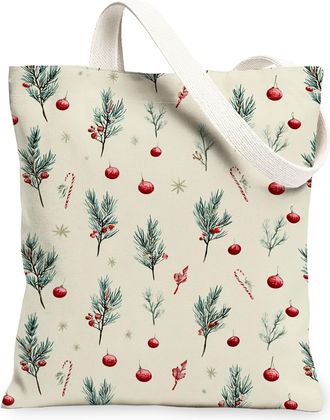 Generic Christmas Pine Canvas Tote Bags, Holiday Evergreen Pattern Reusable Grocery Bags, Vintage Lightweight Washable Shoulder Str, Cream, 13x15 Inch