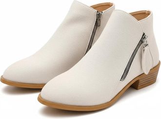 Generic Women Faux Suede Pointed Toe Ankle Booties - Classic Western Cowboy Low Heeled Shoes - Vintage Comfy Slip on Boot (beige,8.5)